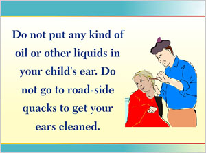 A road side quack cleaning the ear of a person which can damage the ear drum of that person.