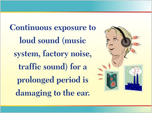 A child listening exposing himself to loud noise on headphones, speakers and factories which is harmful for the ears.